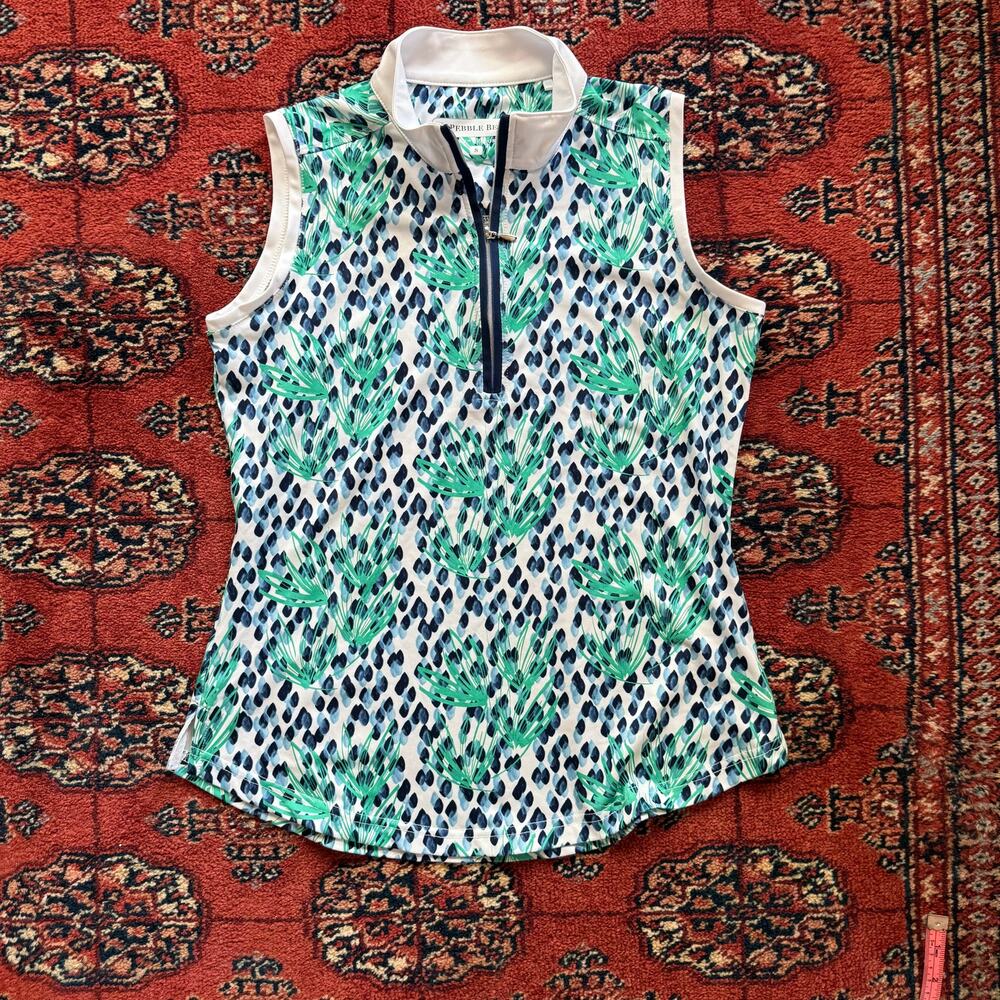 Pebble Beach S Dry-Luxe Performance Blue/Green Print Stretch Knit Sleeveless Top